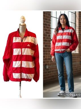 Vintage Adidas 90s Red White Colorblock Nylon Unisex Track Jacket Size L